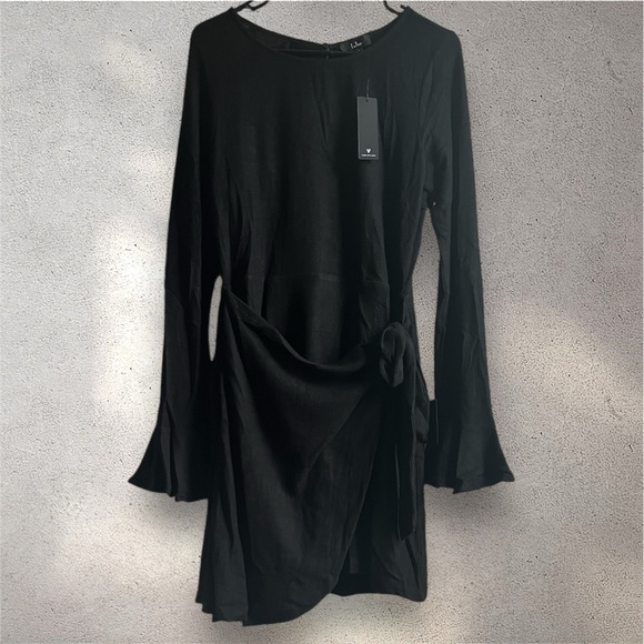 NWT Lulus | Favorite Tune Black Sweater Flounce Sleeve Wrap Dress Size Large - Picture 7 of 10